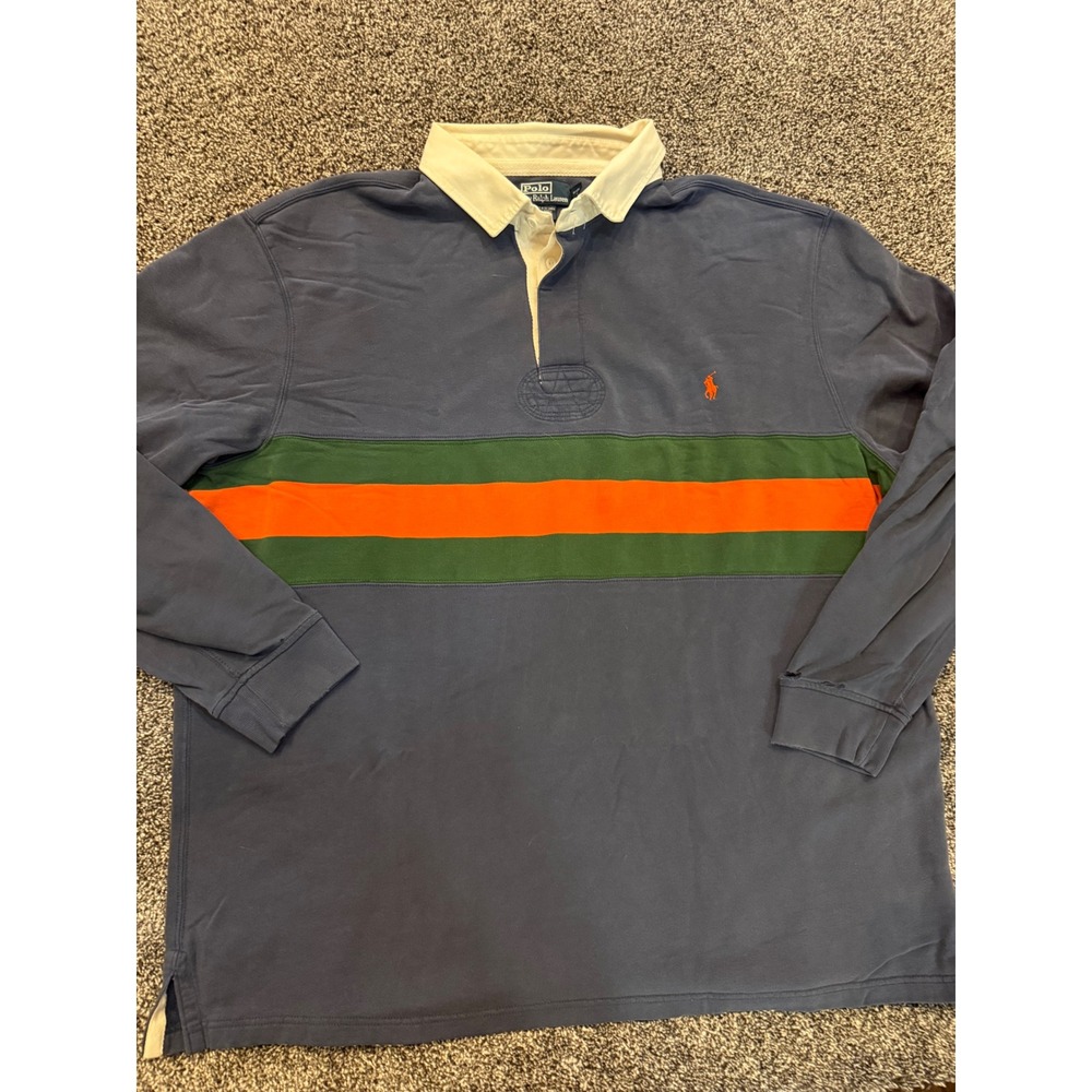 Vintage Polo Ralph Lauren Rugby Shirt Navy Green Orange Stripe 3XLT Tall 1990's